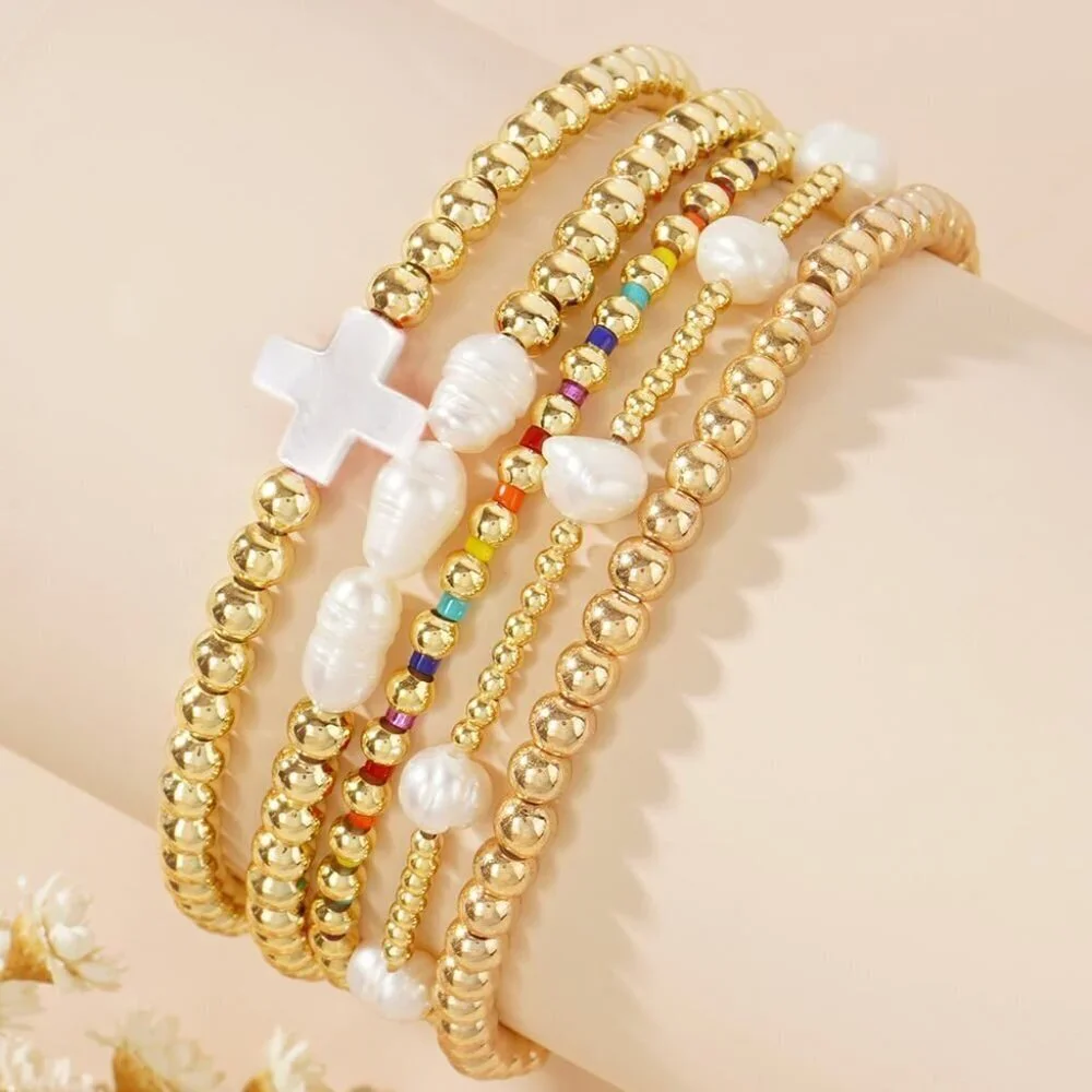 14K Gold Pearl Beaded Cross Bracelets Set for Women Boho Colorful Christian Jewe - Picture 2 of 6